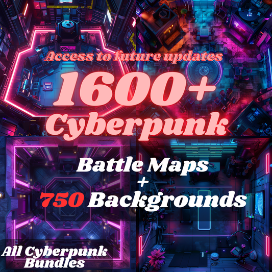 Cyberpunk Battlemap Mega Bundle – 1600+ Griddless Maps & 750 Backgrounds for TTRPGs, DnD, VTT | Future Updates Included